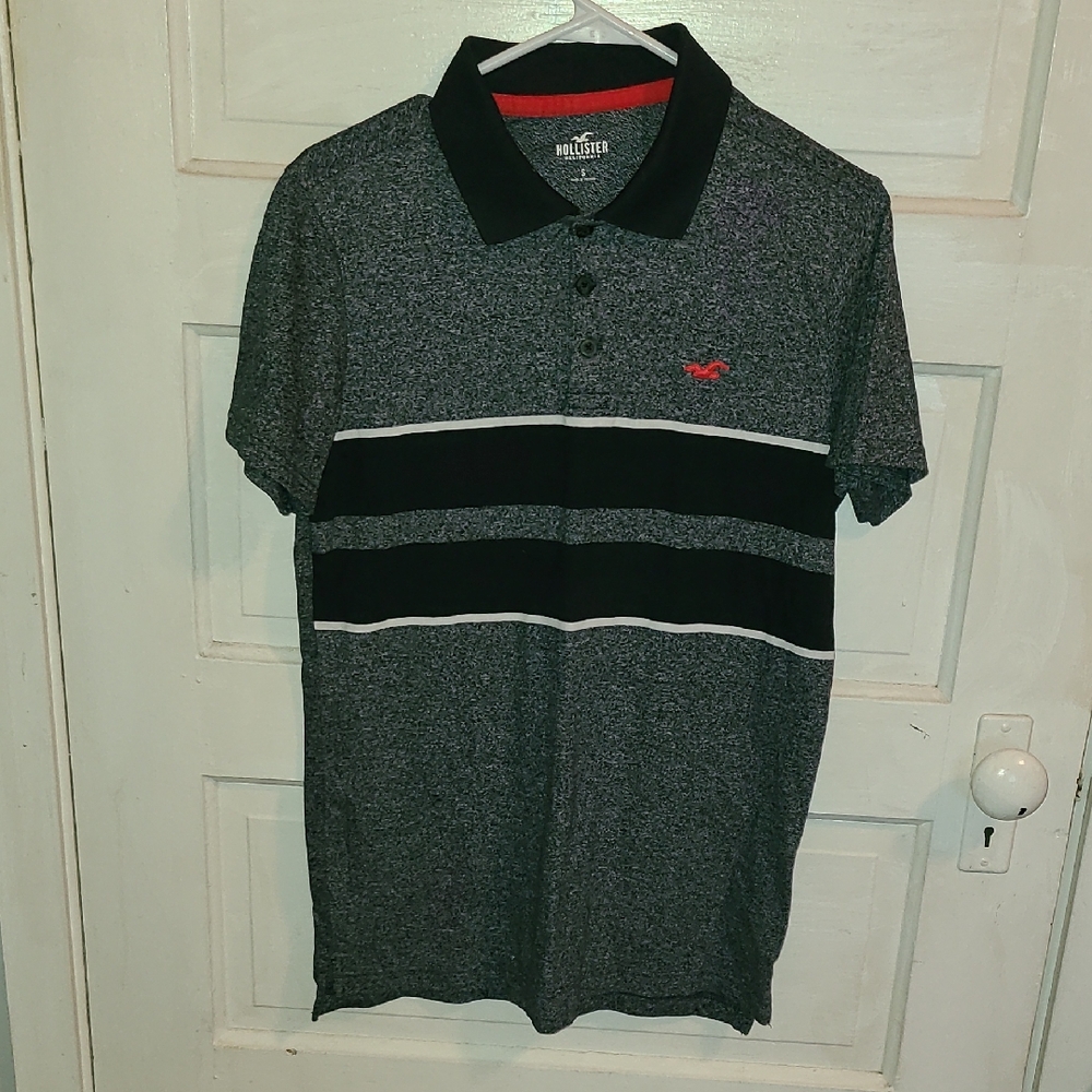 Hollister Men's Charcoal and Black Polo Shirt